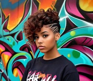 burst fade curly haircut graffiti design