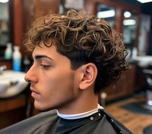 messy curls mid drop taper fade