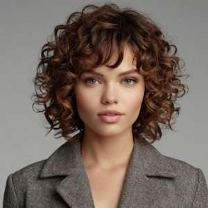 a woman with a curly shag haircut