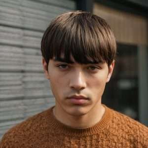 Caesar cut with straight-cut bangs