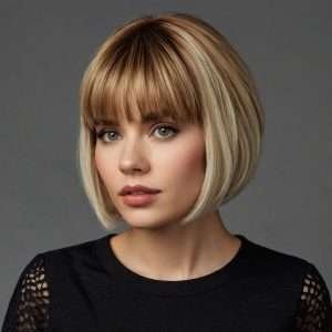 bob with layers and short, baby bangs for a trendy look