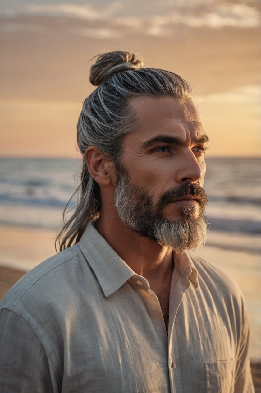Long Silver Hair (Man Bun or Waves)